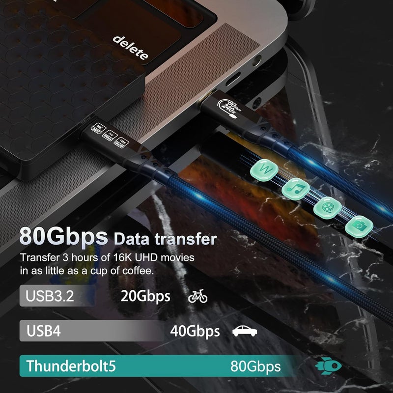 ZIKNYDO USB 4 for Thunderbolt 5 Cable, USB C 80Gbps Data Transfer, 120Gbps Bandwidth for 16K/Dual 8K Displays, PD3.1 240W Charging-1.6FT/0.5m, for Thunderbolt 4, SSD, MacBook M4 Pro/Max, Docking, eGPU - Image 3